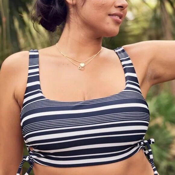 Aerie Striped Lace Up Longline Scoop Bikini Top Size Small Navy Blue White - Picture 1 of 6